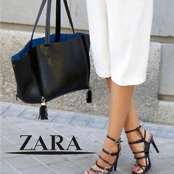 Zara Black Leather Strappy High Heel Sandals sz 8 - Picture 3 of 16